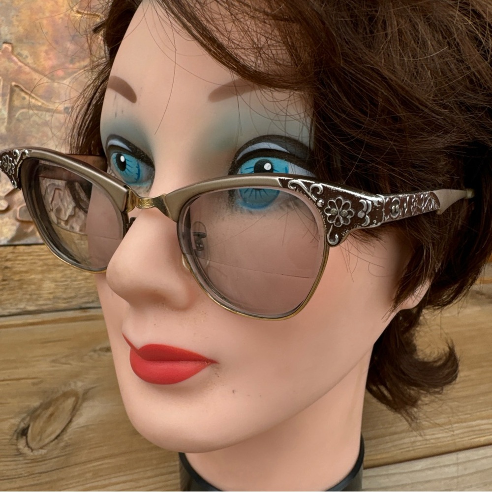 1950s Art Craft Floral Engraved Aluminum Frame Cat Eye Glasses  Rockabilly